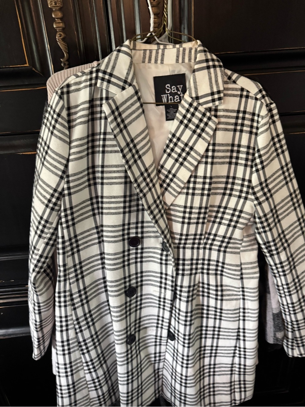 Say What? Black & White Plaid Double-Breasted Blazer Coat